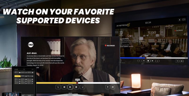 Image from the website of SkyStream TV, a streaming video provider. The image shows the video service on a TV, tablet, and phone, with text that says, 
