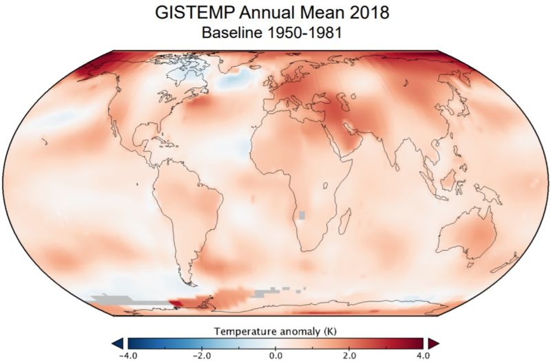 NASA's 2018 temperatures compared to the 1951-1980 average. (Numbers shown in K are identical to degrees Celsius.)