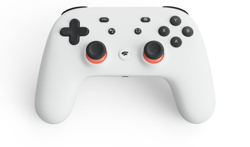 The Google Stadia controller, which includes a few custom buttons. The service will also support wired USB controllers and mouse-and-keyboard controls.