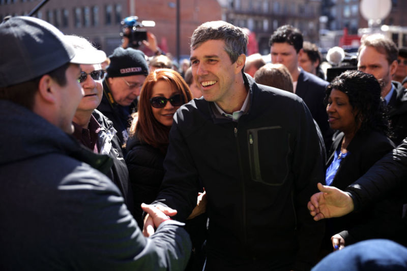 WATERLOO, IOWA - MARCH 16: Democratic presidential candidate and former Cult of the Dead Cow member  Beto O'Rourke greets voters during a canvassing kickoff event with state senate candidate Eric Giddens March 16, 2019, in Waterloo, Iowa. 