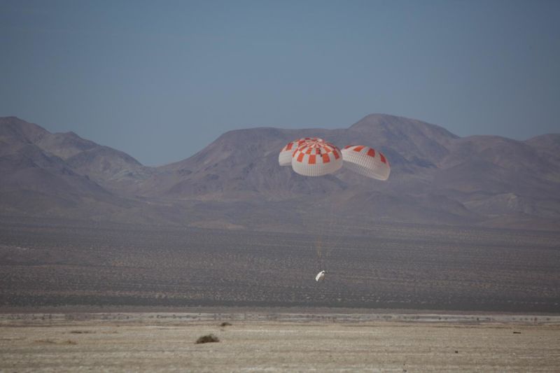 SpaceX performs its fourteenth global parachute test for the development of Crew Dragon in the Mojave Desert in March 2018. 