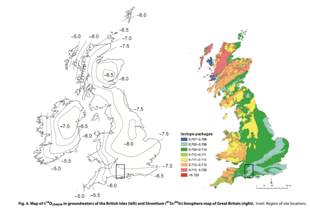 On the left, a map of oxygen isotope ratios in groundwater of the British Isles; on the right, a map of strontium-87/strontium-86 isotope ratios in Britain.