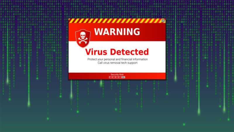 Illustration of a computer warning that says, 