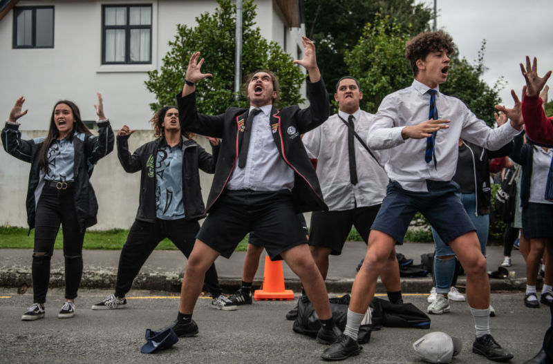 CHRISTCHURCH, NEW ZEALAND - MARCH 18: Youngsters perform a Haka during a students vigil near Al Noor mosque on March 18, 2019 in Christchurch, New Zealand. 