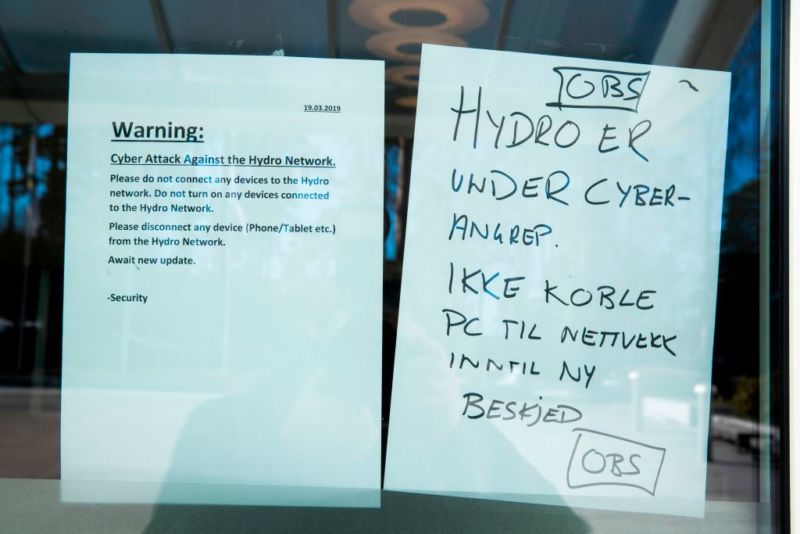 Notes posted on a window of Norsk Hydro's headquarters in Norway on March 19, 2019.