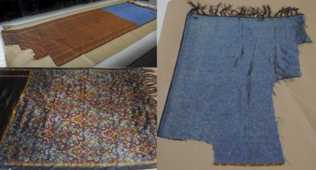 Upper left: largest piece of the shawl purportedly belonging to Ripper victim Catherine Eddowes. Lower left: the floral detail on the shawl. Right: smaller piece of the shawl from the blue side.