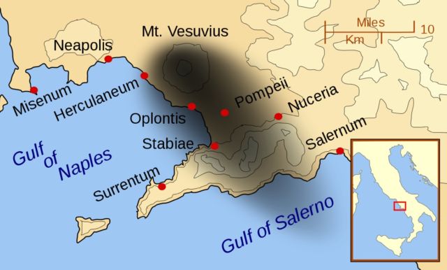 Pompeii and Herculaneum, as well as other cities affected by the eruption of Mount Vesuvius. The black cloud represents the general distribution of ash, pumice, and cinders.