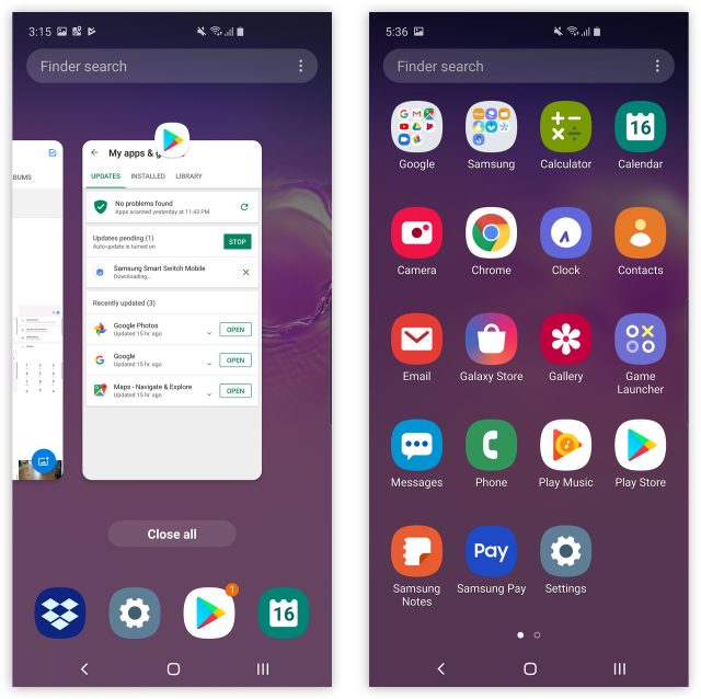 Pictures of the Galaxy S10 software.