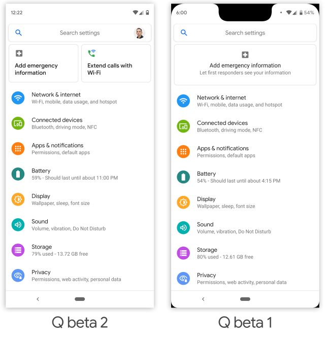 Pictures of Android Q Beta 2.