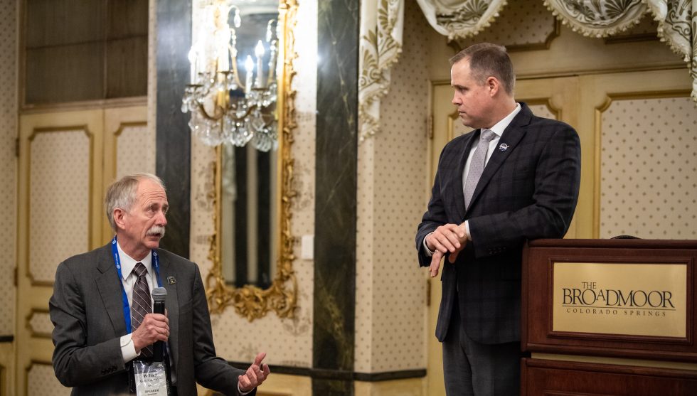 NASA Administrator Jim Bridenstine listens as Bill Gerstenmaier, Associate Administrator for Human Exploration and Operations, speaks at the National Space Symposium. 