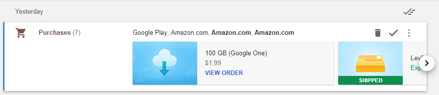 Inbox's "Purchases" bundle in all its glory. There is still nothing like this in Gmail.