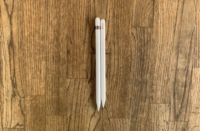 1st generation (left) and 2nd generation (right) Apple Pencil styluses.  <a href=