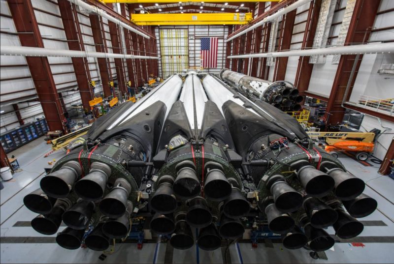 The three cores of the Falcon Heavy are mated in SpaceX processing facilities in Florida.