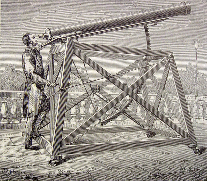 19th-century etching of a telescope in use.