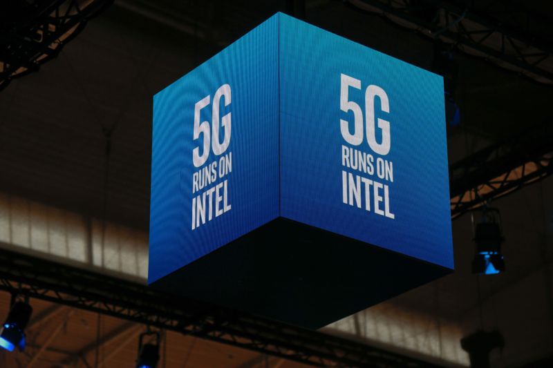 An Intel 5G logo is seen at the Mobile World Congress on February 26, 2019 in Barcelona.