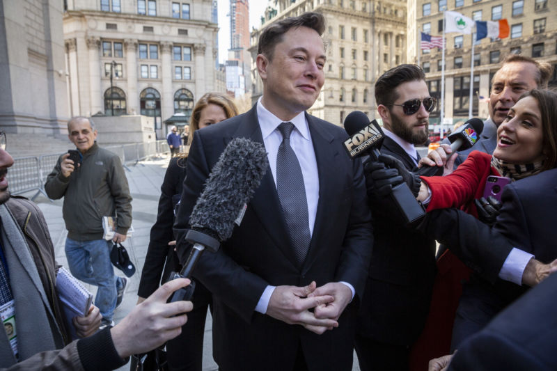 Elon Musk arrives at federal court in New York on Thursday, April 4, 2019.