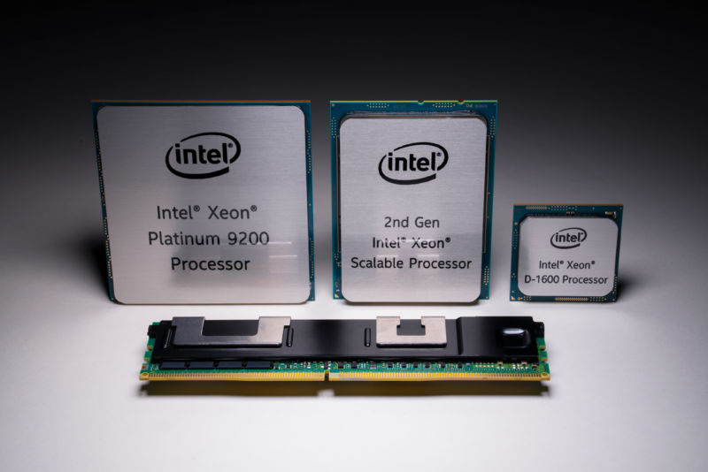 Left to right: Cascade Lake Xeon AP, Cascade Lake Xeon SP, Broadwell Xeon D-1600, and up front Optane DC Persistent Memory.