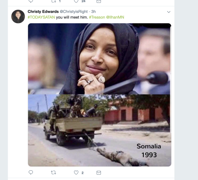 Screenshot of a tweet directed at Rep. Ilhan Omar showing a photo of a US serviceman being towed through the streets of Mogadishu.