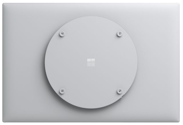 Surface Hub 2S from the back. The reason it's round? With a round case, there's no chance that rotation will snag on fingers, cables, etc.