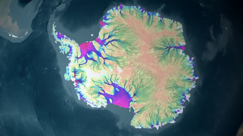 Velocity of recent ice flow around Antarctica. Thwaites Glacier is one of the smaller purple regions on the left side of this image.