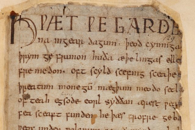 The first page of <i>Beowulf</i> in Cotton Vitellius A. xv, currently located within the British Library.