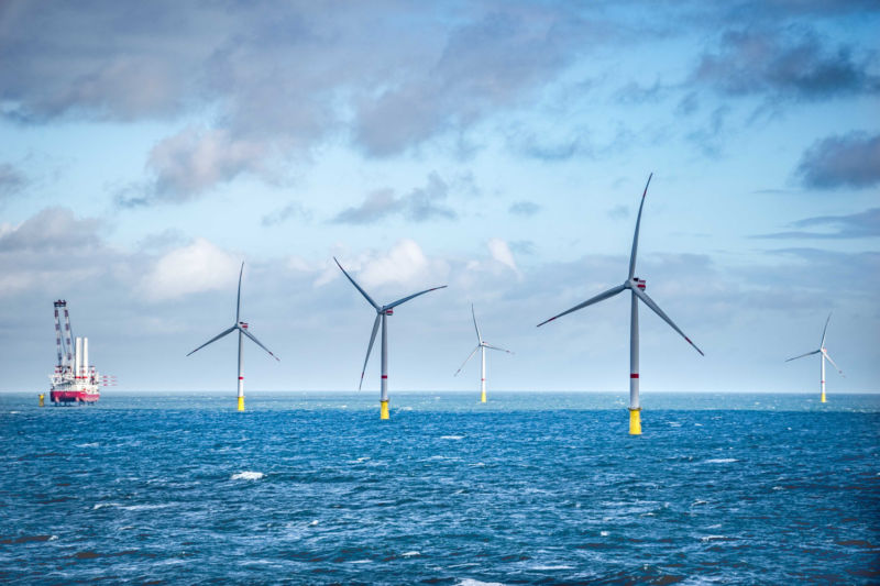 Wind turbines at sea.