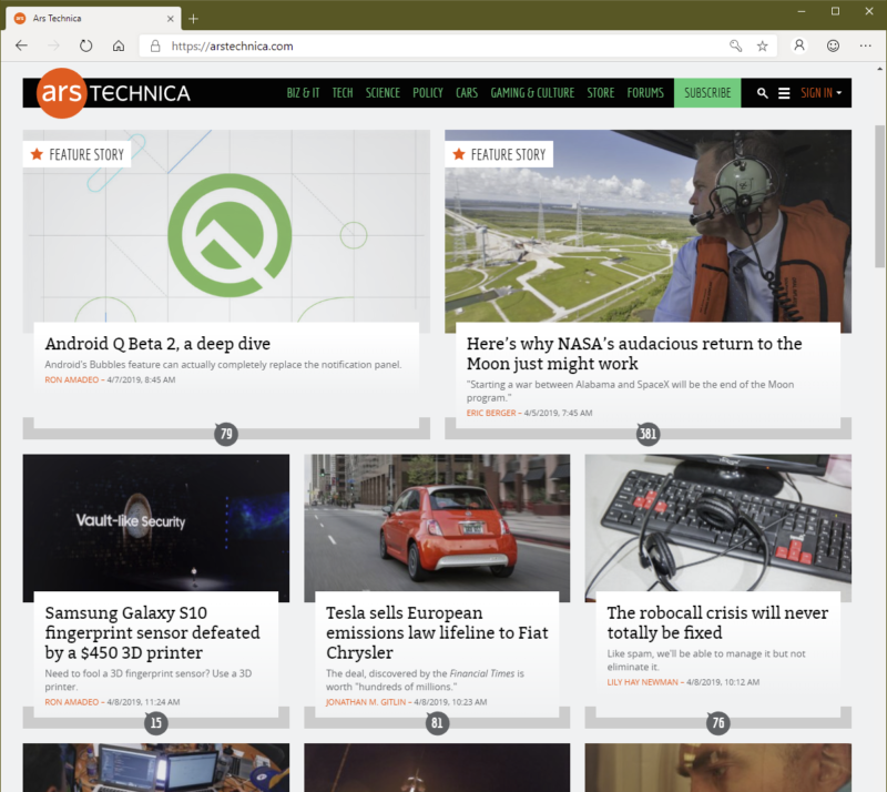 There's really no difference between how the Ars front page looks in Edge and Chrome.