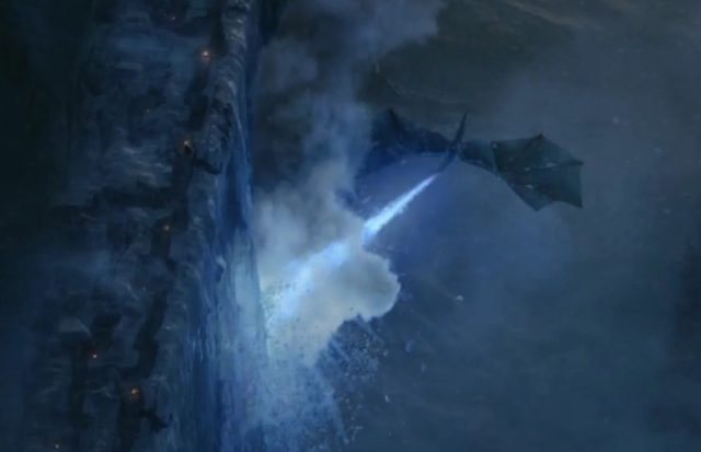 Viserion likely breathed hot blue fire. Even that might not be enough to bring down the wall.