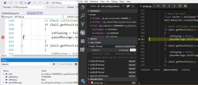 Live Share C++ coding, with Visual Studio 2019 on the left, Visual Studio Code on the right.