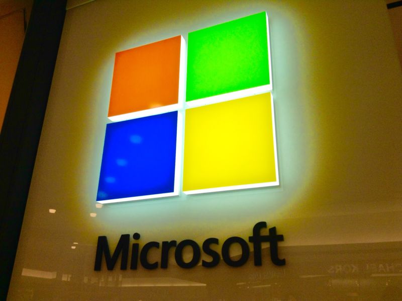 Microsoft logo on a wall.