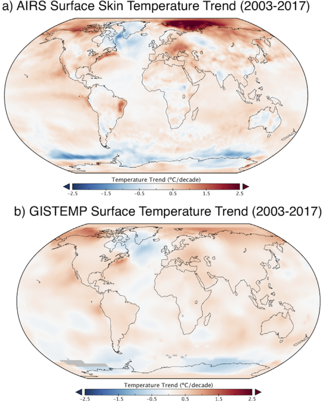 You can see where the satellite data (top) sees higher-resolution detail than NASA's surface temperature data set (bottom) can show.
