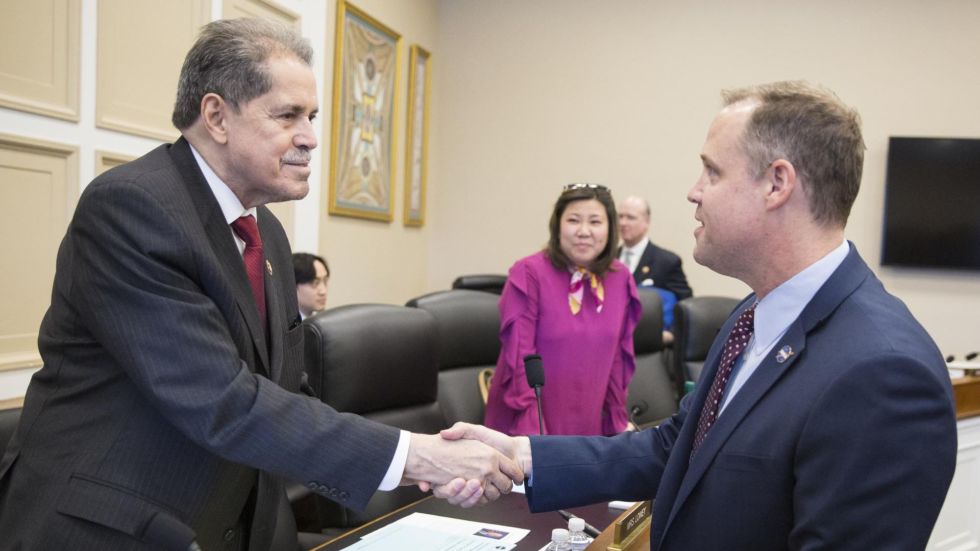 NASA Administrator Jim Bridenstine, right, is seen with Representative José Serrano, chair of the House Appropriations Committee's Commerce, Justice, Science, and Related Agencies Subcommittee prior to a hearing on March 27.