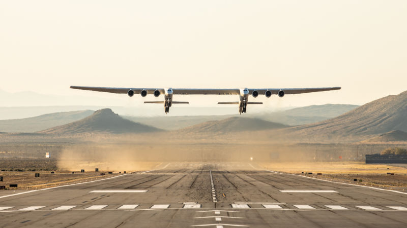 The Stratolaunch aircraft takes off on its maiden flight on April 13.