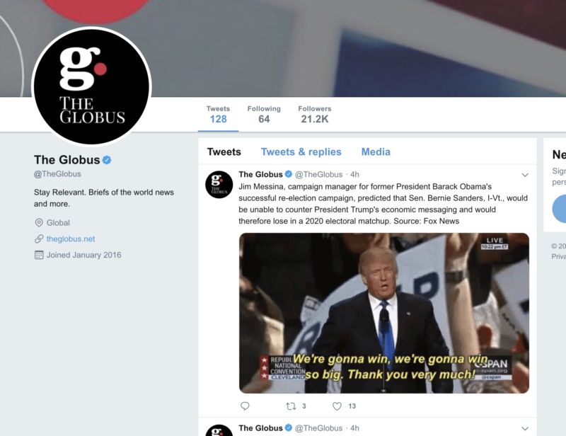 The since-suspended account for the empty "news site" The Globus was at the center of a 5,000 bot Twitter army denouncing the Mueller campaign and posting pro-Trump (and pro-Saudi) messages.