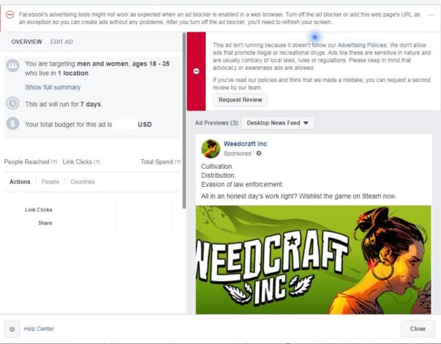 An image from Devolver shows Facebook's advertising restrictions for <em>Weedcraft, Inc.</em>. Redacted slightly for privacy.