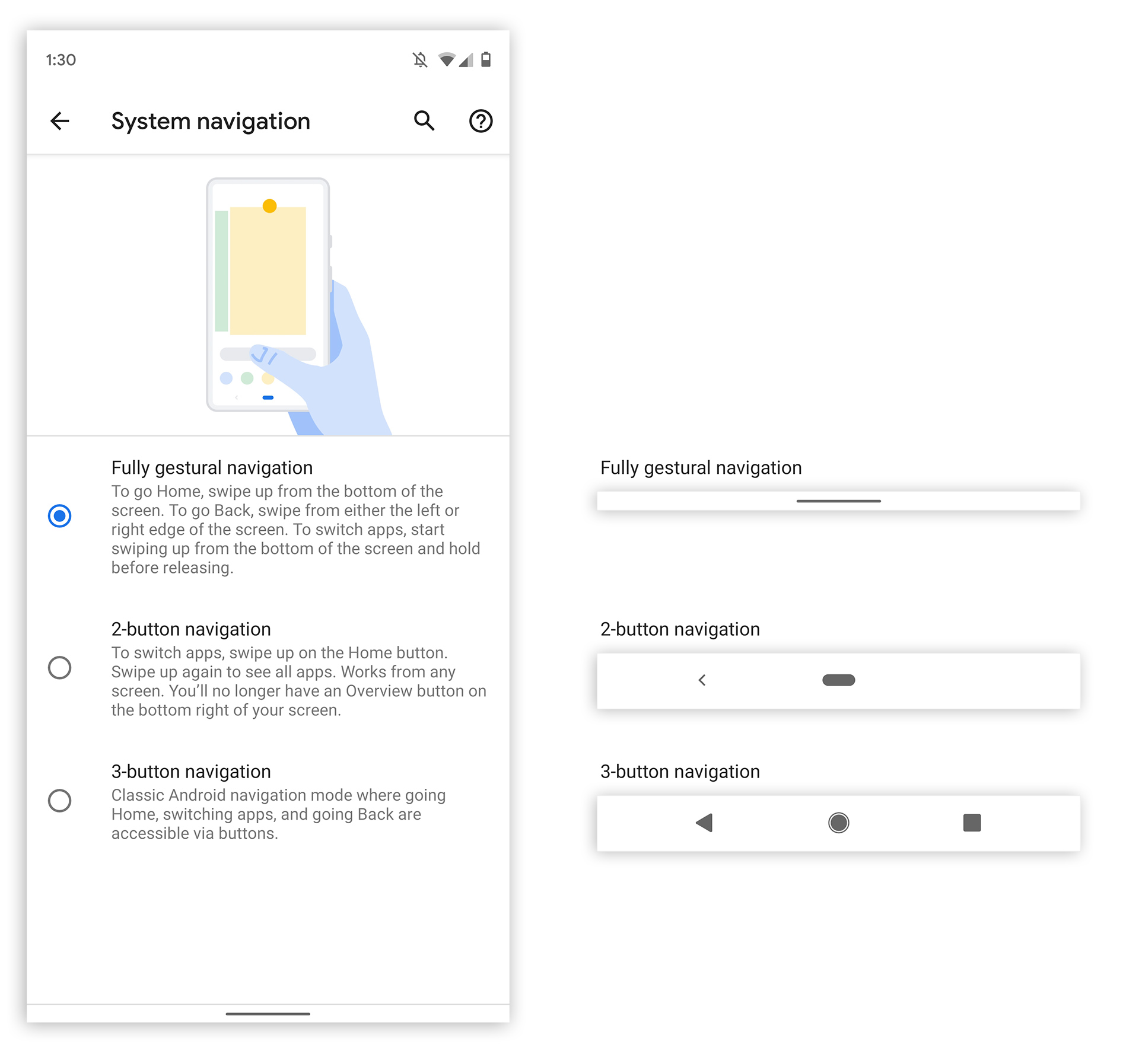Pictures of Android Q's gesture navigation.