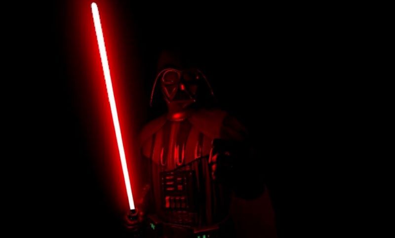 This dramatic staredown moment from <em>Vader Immortal</em>, as captured from live Oculus Quest hardware. While this captured image is a bit fuzzy, Vader's animation and presentation within the VR experience is quite satisfying.