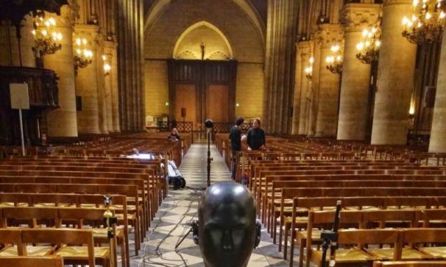 Acoustician Brian FG Katz and colleagues with the artificial head they set up to take acoustical measurements at Notre Dame in 2013.