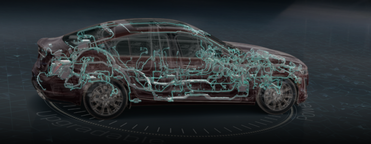  Illustration of the new Cadillac CT5 with the electrical systems highlighted in teal 