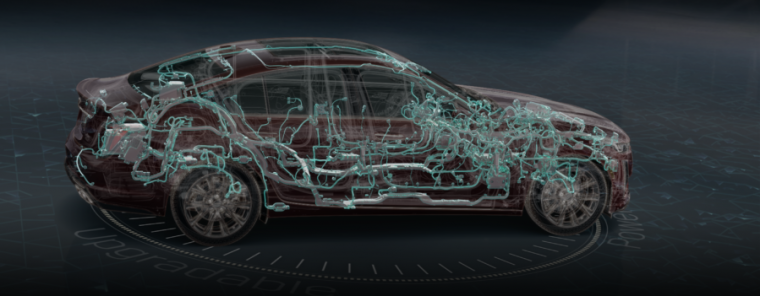 An illustration of the new Cadillac CT5 with the electrical systems highlighted in teal.