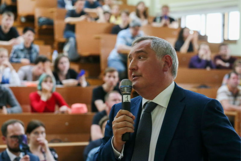 Dmitry Rogozin, director of the Roscosmos State Corporation, gives an open lecture titled "Transformation of Roscosmos" at Moscow State University on May 23, 2019.