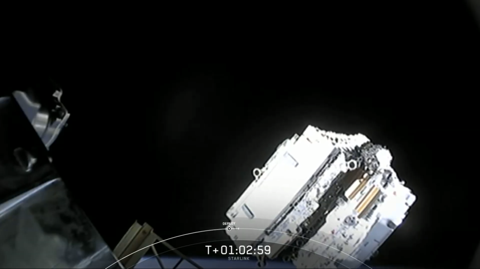 A stack of 60 Starlink satellites is released from the Falcon 9 rocket's upper stage. 