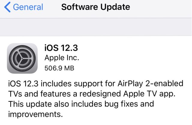 You can update to iOS 12.3 from the Settings app on your iPhone or iPad.