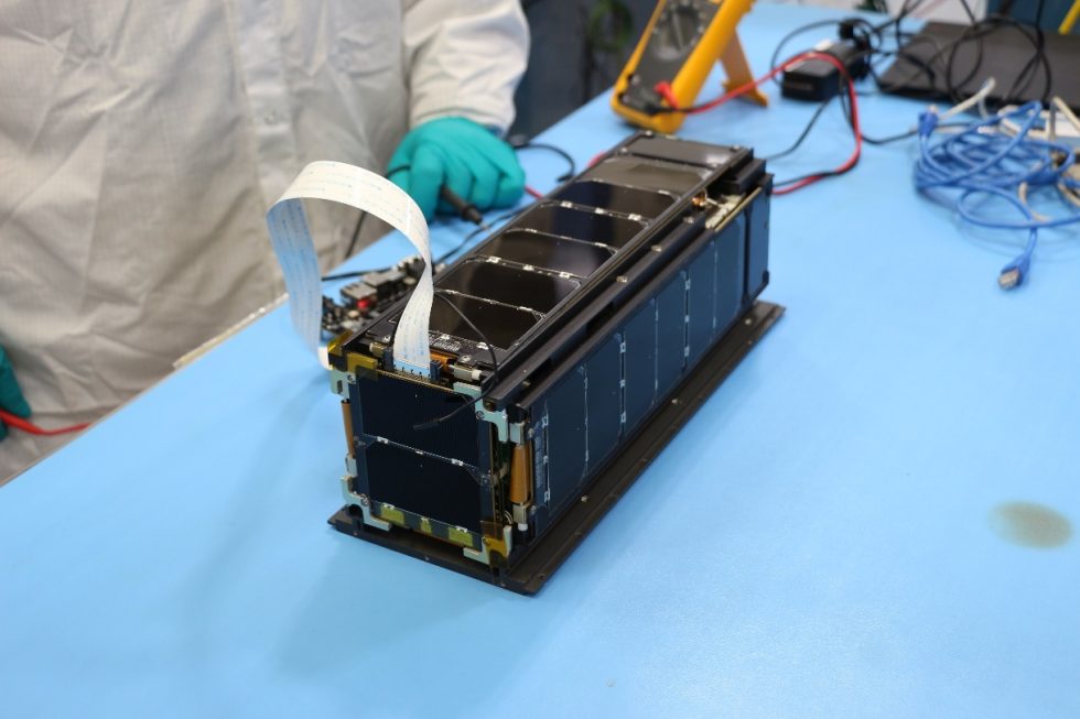 LightSail 2 undergoing health checks following vibration testing at the Air Force Research Laboratory.