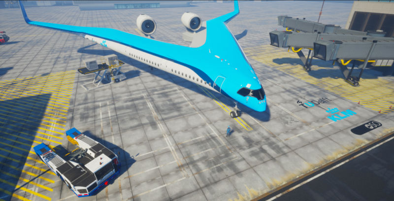 A rendering of the Flying-V wearing KLM's livery.