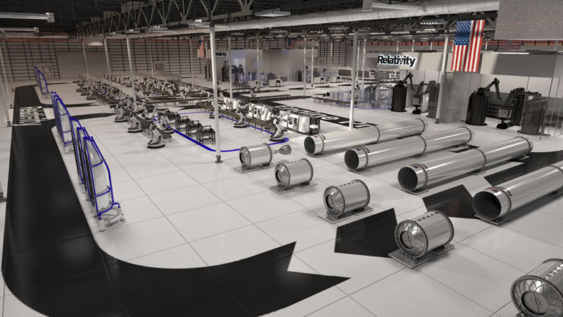 An artist's concept of what the interior of Relativity Space's Mississippi rocket factory may look like in a few years.