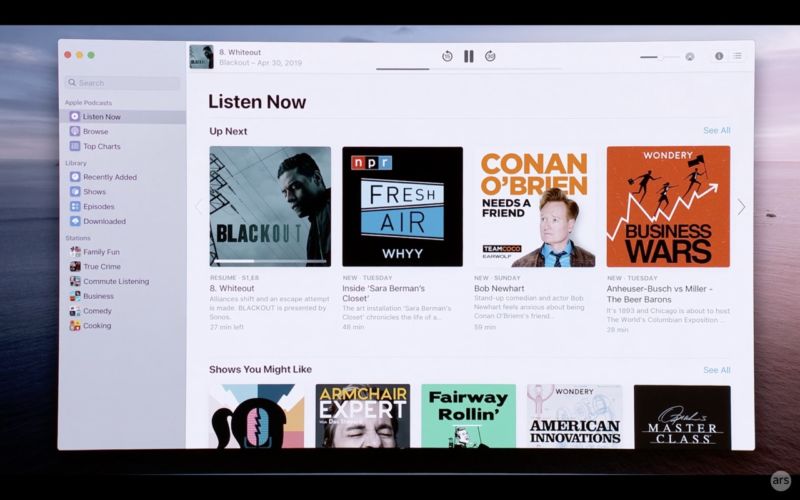 The new Apple Podcasts app for Mac, showing a list of available podcasts.