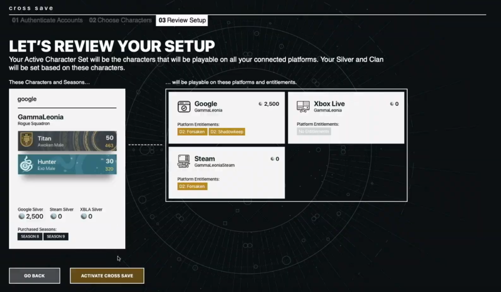 This is the only technical hint to how cross-save support will work once this feature is added to <em>Destiny 2</em> in September of this year. As you can see, this player is connecting multiple platforms' accounts with character progress <em>and</em> entitlements. Will we be able to move expansion pack payments from one platform to another? We don't yet know.