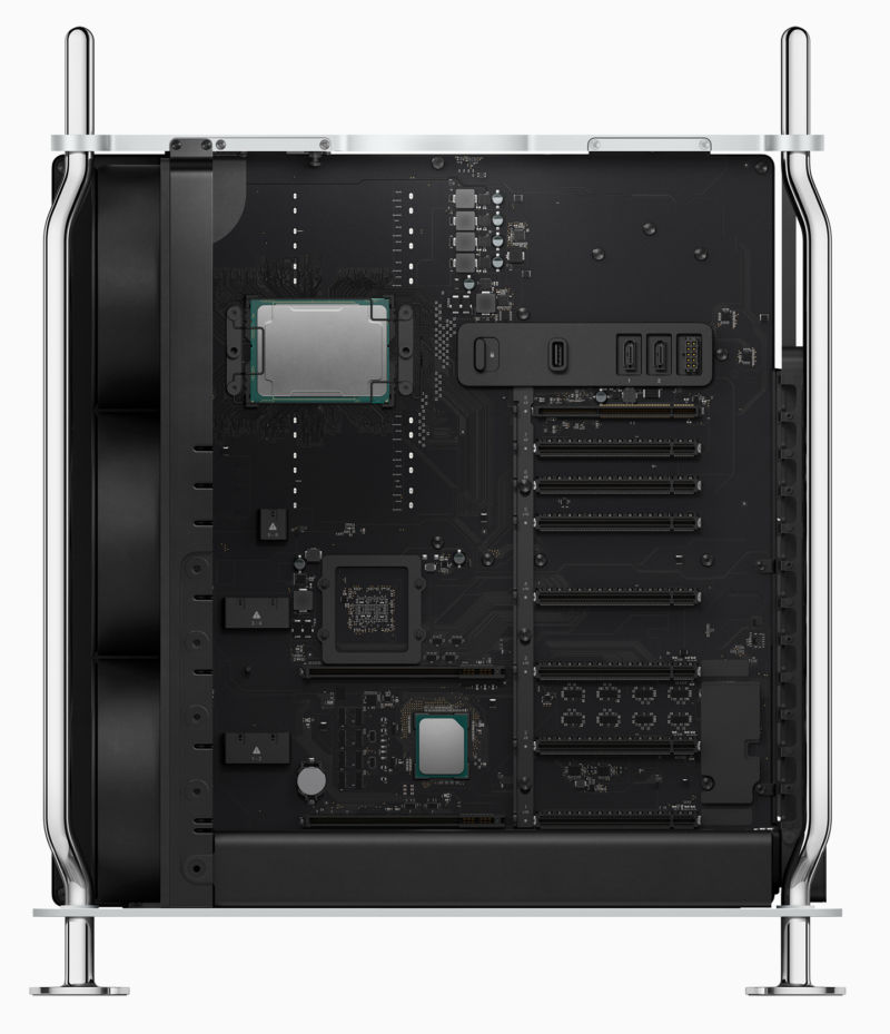 A Mac Pro with its cover off, showing the internal components.