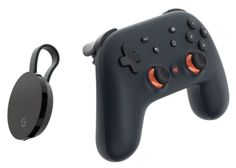 A Google Stadia controller and a Google Chromecast Ultra.